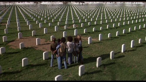 Sex personer står på en kyrkogård med ryggen mot kameran. Det är en militärkyrkogård i USA. Bilden är tagen från filmen HAIR.